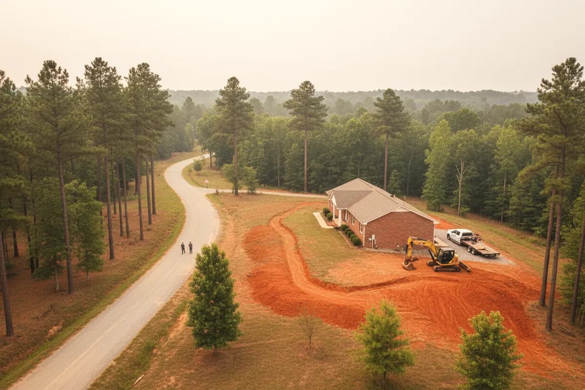 Aerial view of a brick house on a freshly graded red clay lot cut out of pine woods, a compact excavator working beside a curving gravel drive.