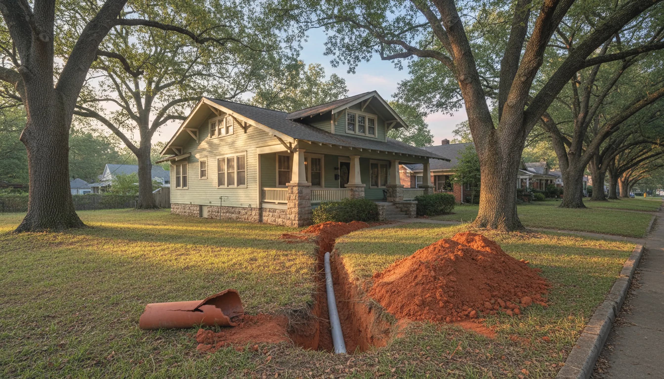 An open trench across a craftsman bungalow's front yard under old oaks, broken terracotta sewer pipe set beside new white PVC.