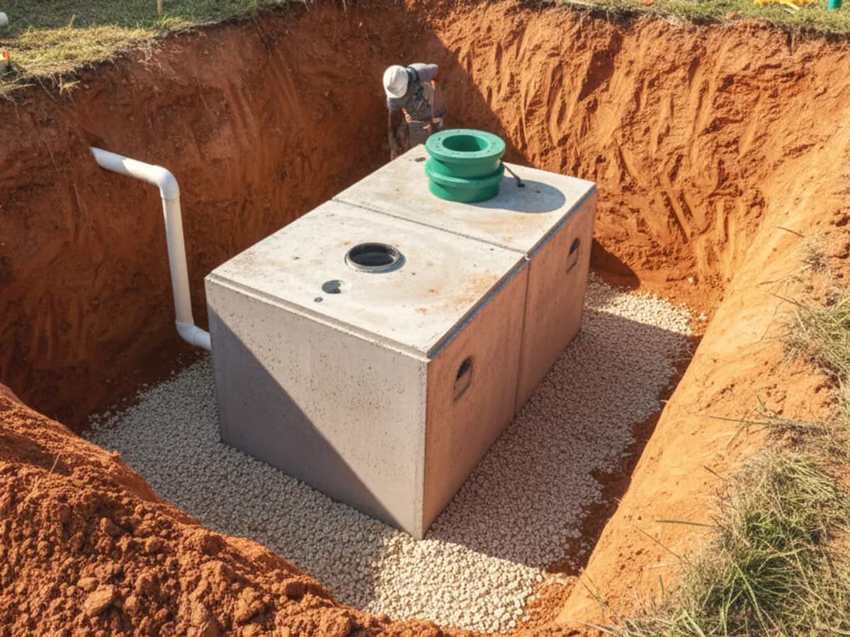 A new concrete septic tank set level on gravel in a red clay pit, a white PVC inlet pipe and a green riser on top.