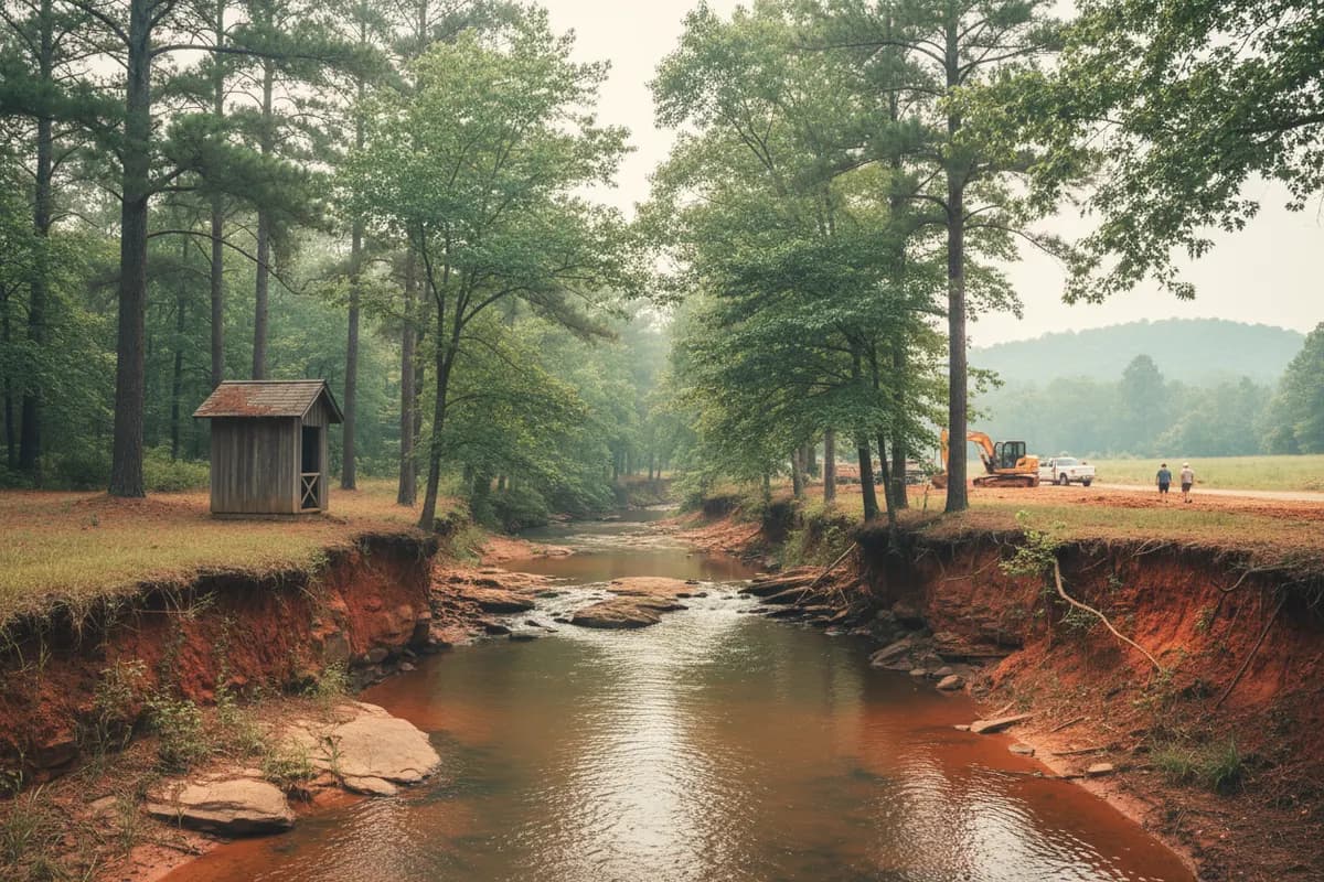 A small creek with eroded red clay banks and rock ledges in pine and hardwood woods, a weathered wooden shed on the bank.