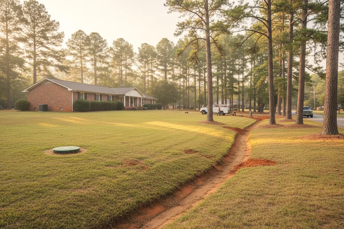 A shallow red clay drainage cut curving along the lawn of a brick ranch house on a large pine-shaded lot, a green septic riser lid in the yard.