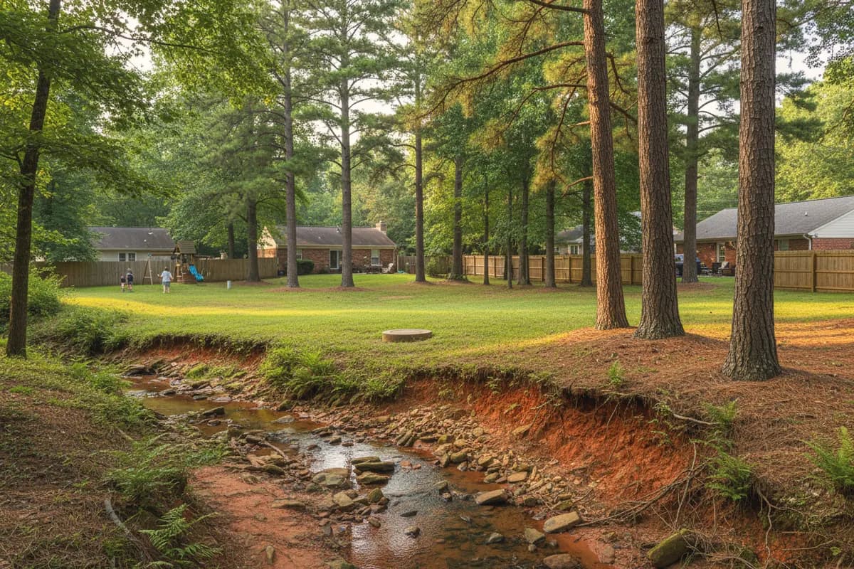 A small eroded creek with red clay banks and rock running behind fenced back yards under loblolly pines, a round concrete lid in the lawn.