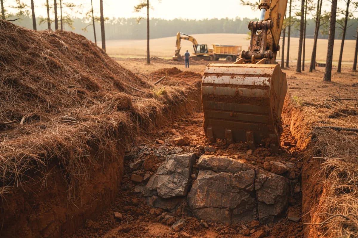 An excavator bucket at the bottom of a deep trench where red subsoil gives way to gray weathered rock, a dump truck in the field beyond.