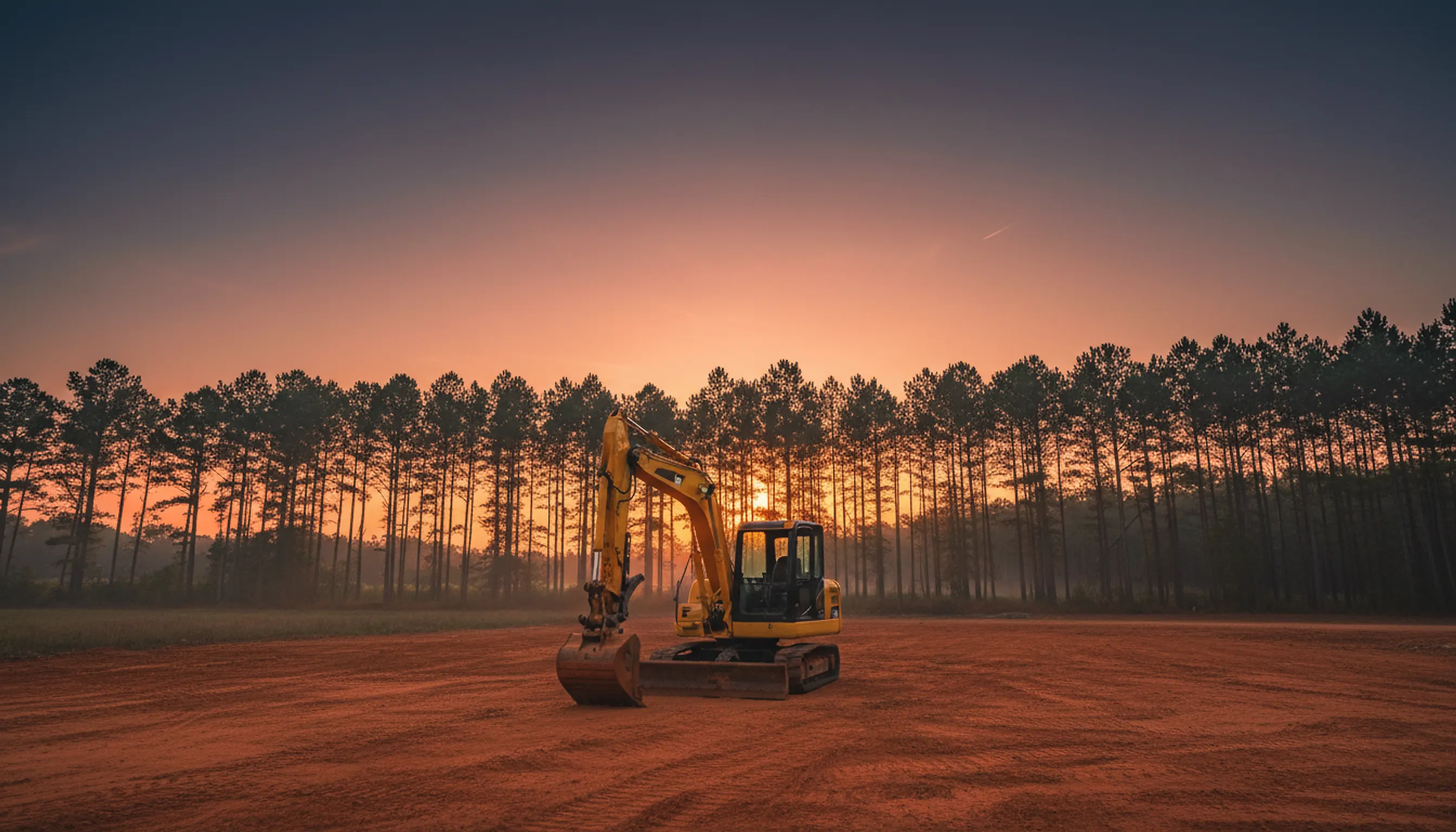 A compact excavator parked on red clay at dusk with loblolly pines silhouetted against an orange sky.