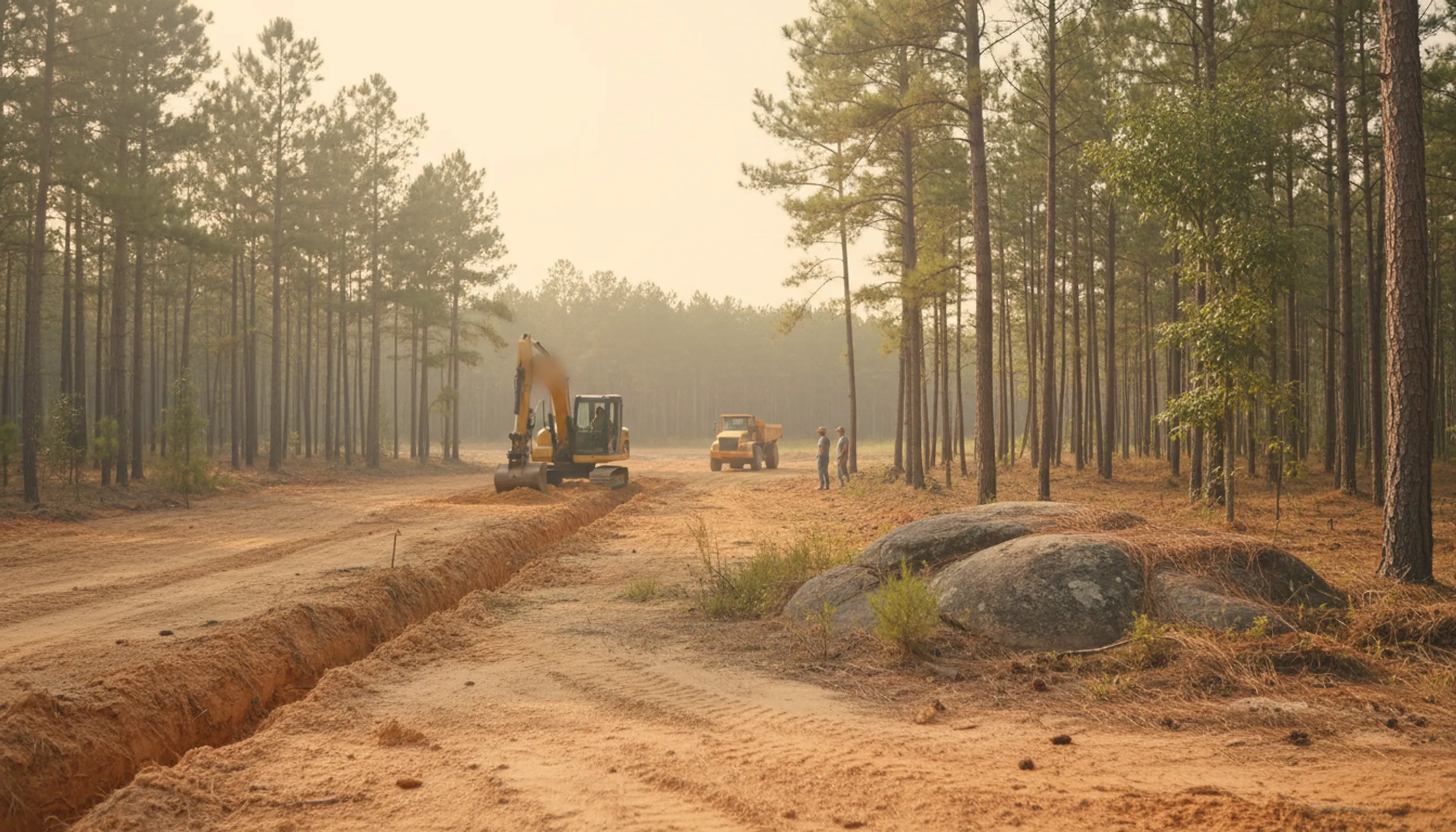 A compact excavator cutting a long trench through sandy red soil in loblolly pine woods, a granite boulder in the foreground and a loader beyond.