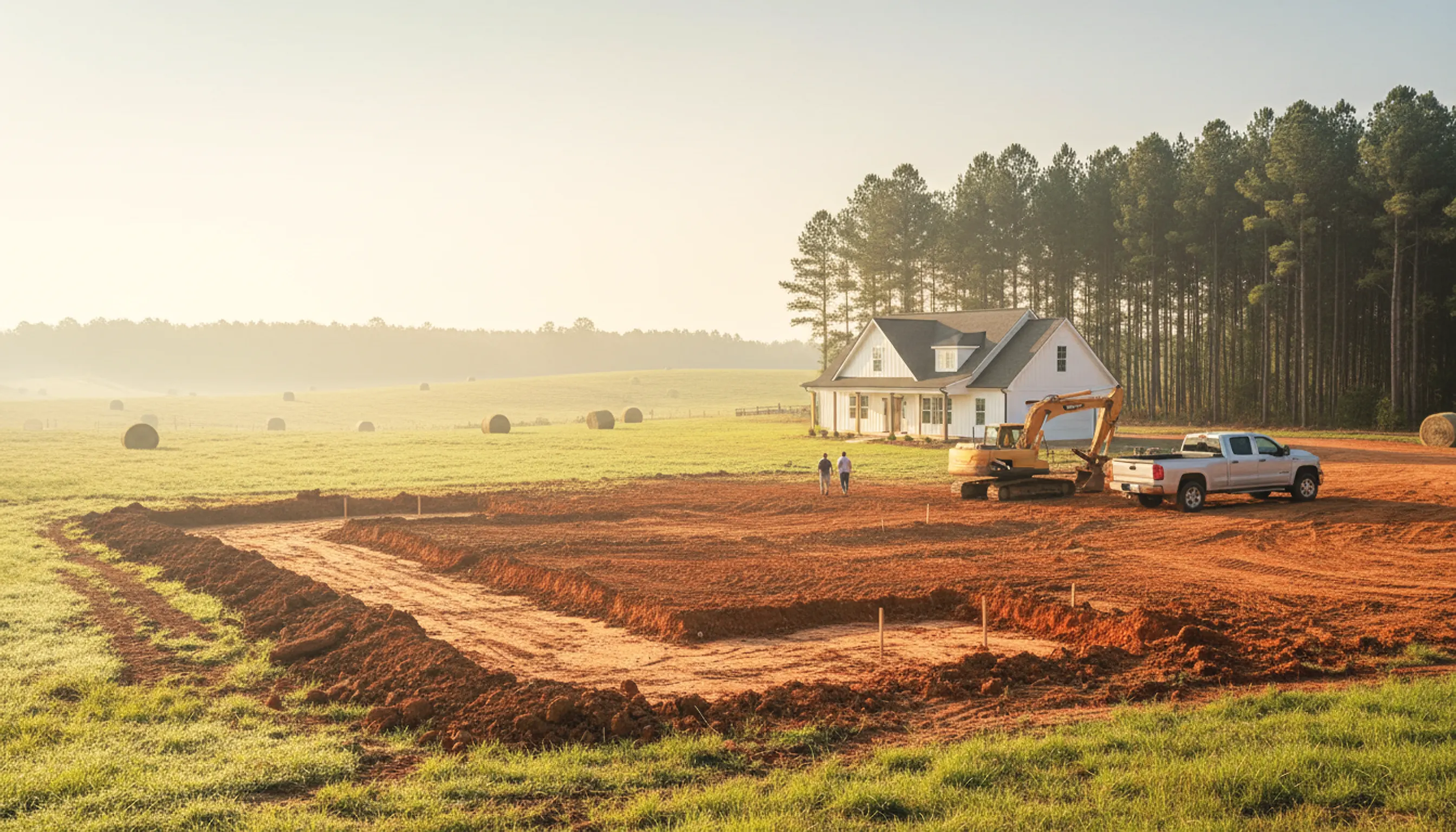 A staked rectangular red clay building pad dug out of a hay field beside a white farmhouse, an excavator and pickup at its edge and round hay bales beyond.