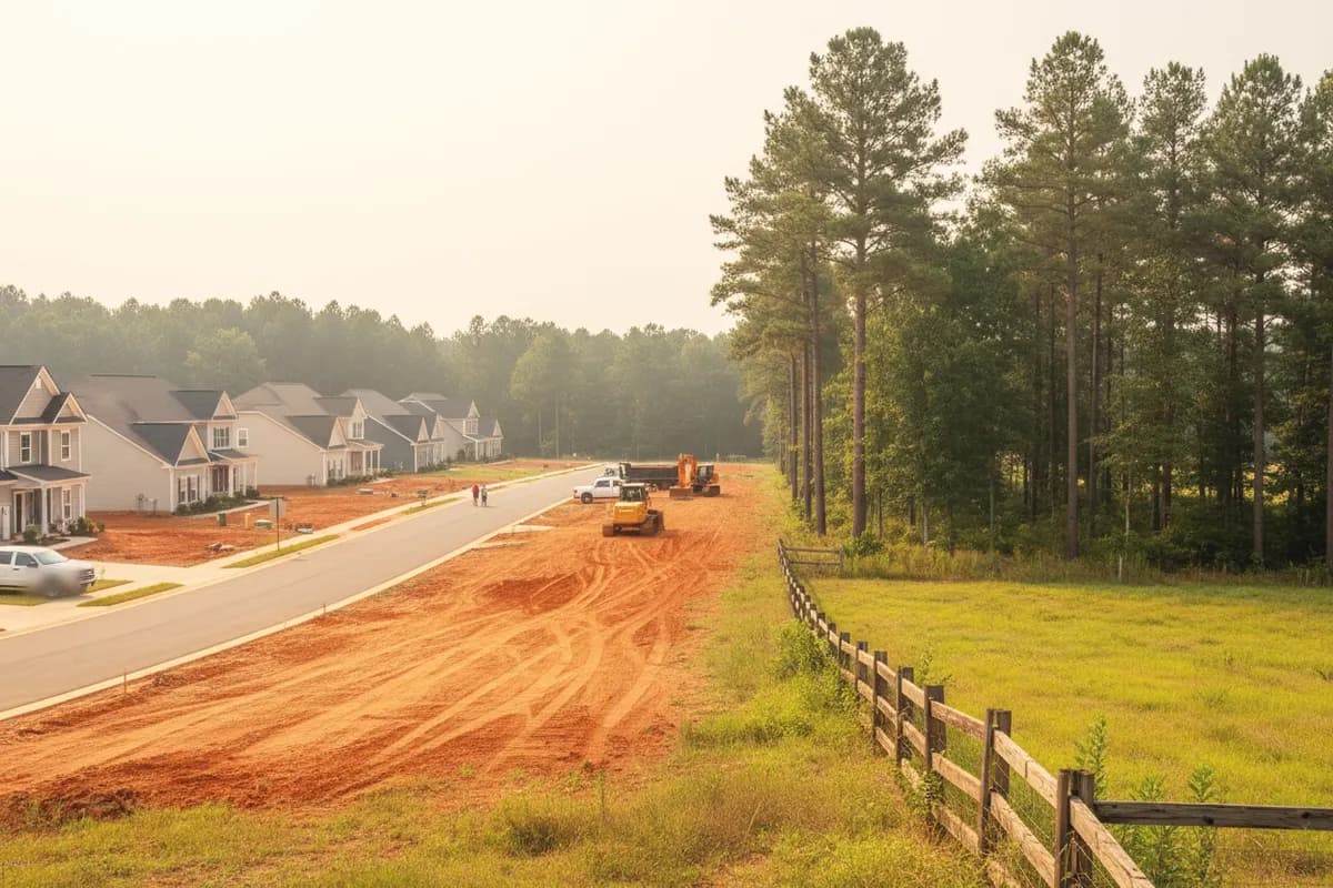 A freshly graded red clay road bed running between new homes and pine woods, a loader and dump truck working down the line beside an old pasture fence.