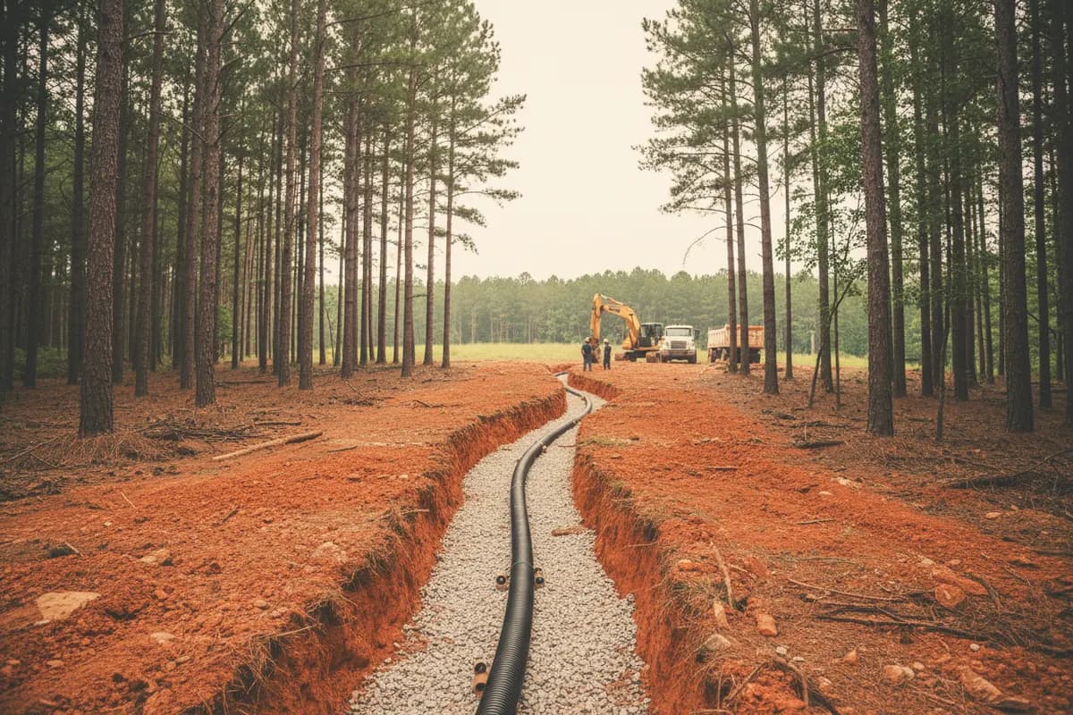 A long trench of washed gravel and black perforated pipe cut through red clay in pine woods, an excavator and trucks working beyond.