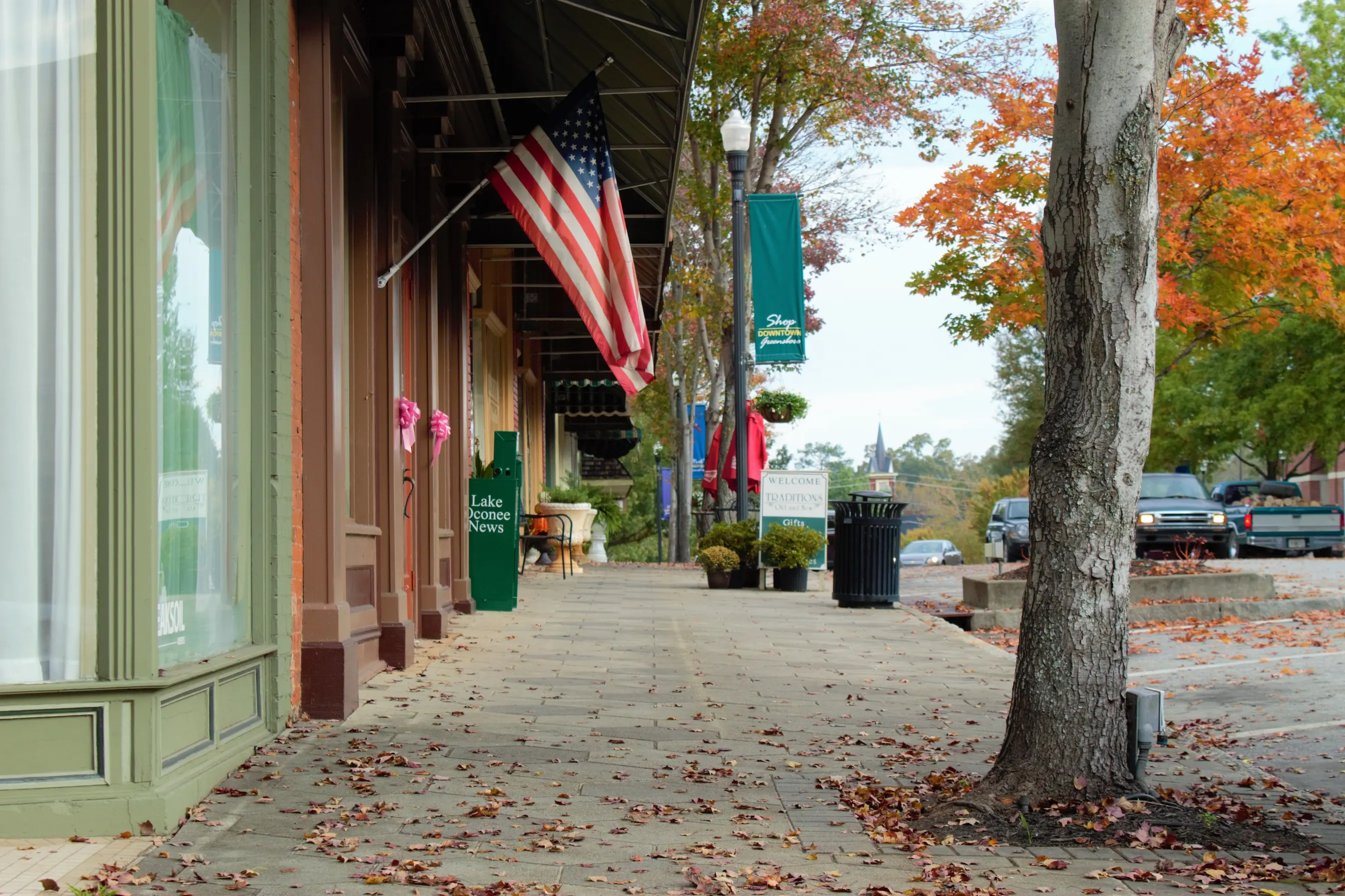 An autumn sidewalk of historic storefronts, flags and fallen leaves in downtown Greensboro, Georgia.