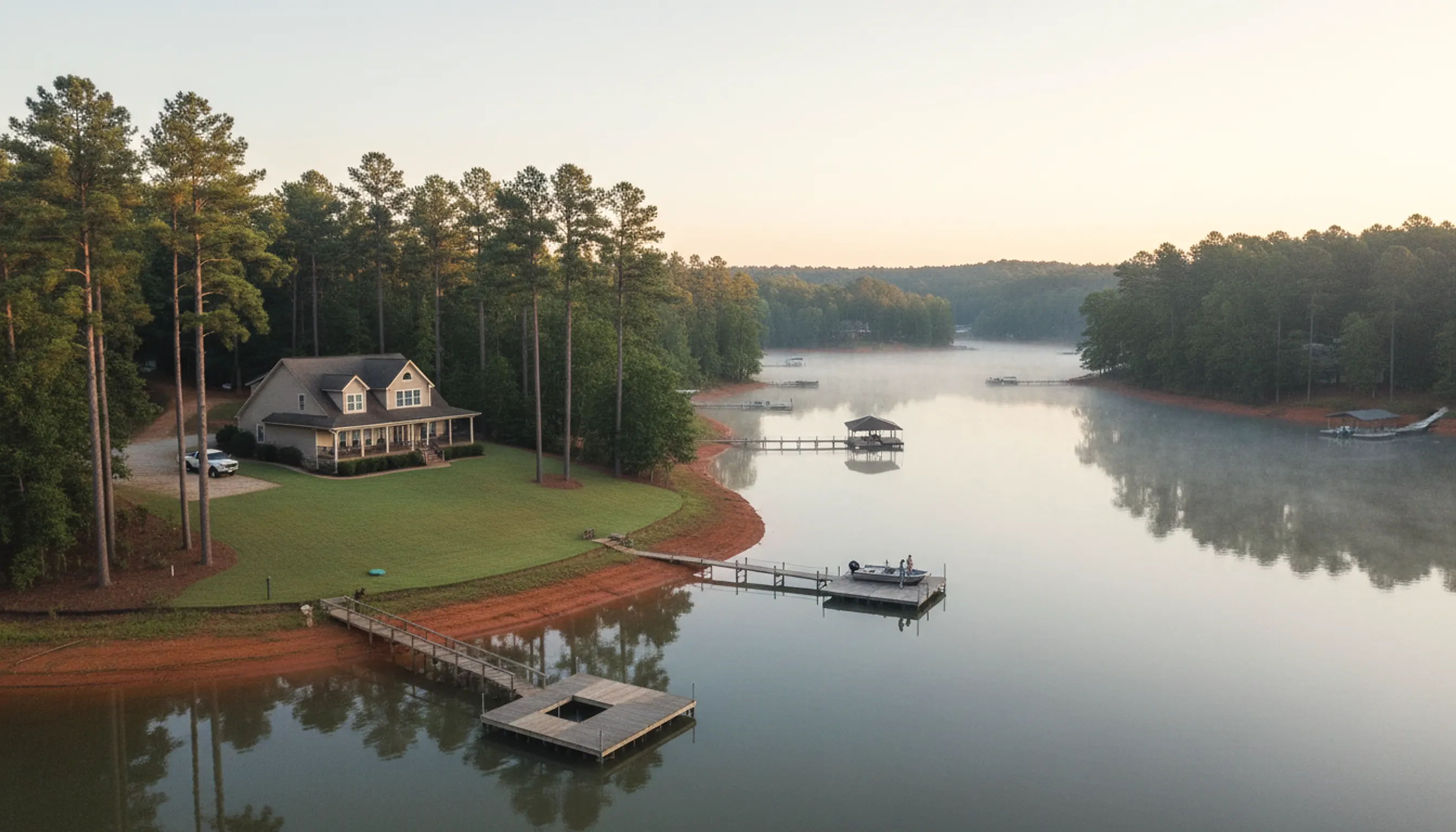 Wooded lake lots with boat docks at dawn, mist on the water and a house on a sloping lakeside lawn.