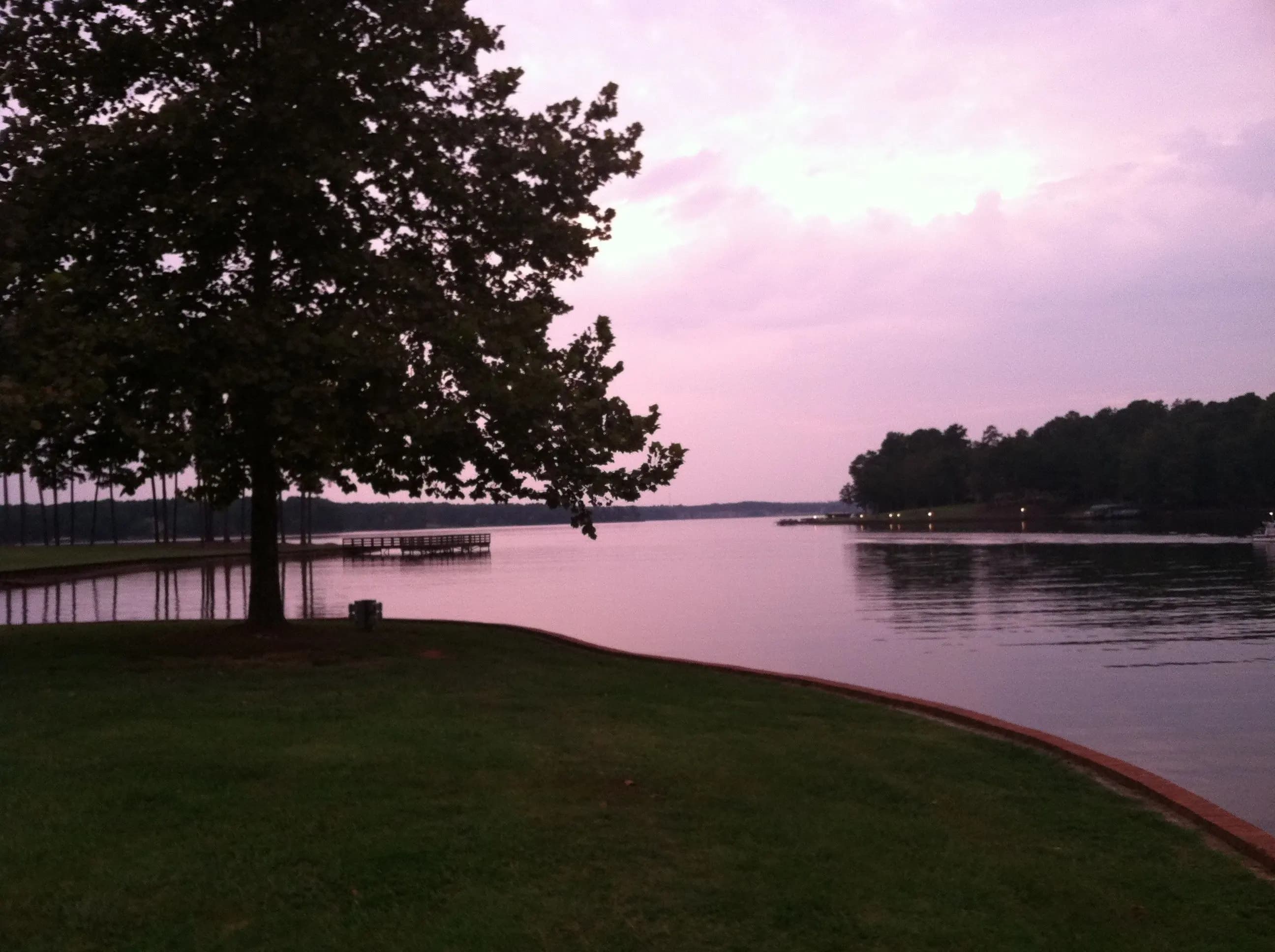 A pink sunset over Lake Oconee seen from a mown lakeside lawn, a shade tree and boat docks along the wooded far shore.