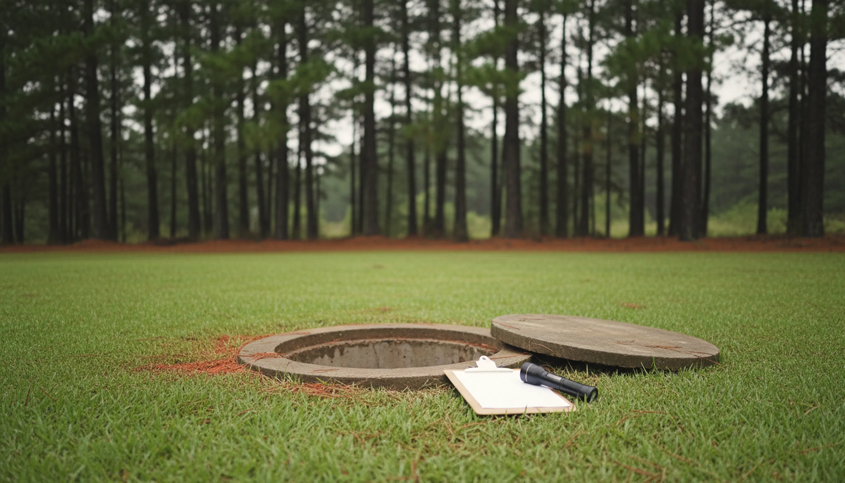 An open concrete septic tank access port flush with a lawn, its lid set aside with a blank clipboard and flashlight, a pine stand behind.