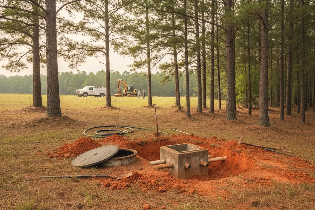 An open septic tank lid and an exposed concrete distribution box in red-brown clay at the edge of pine woods.