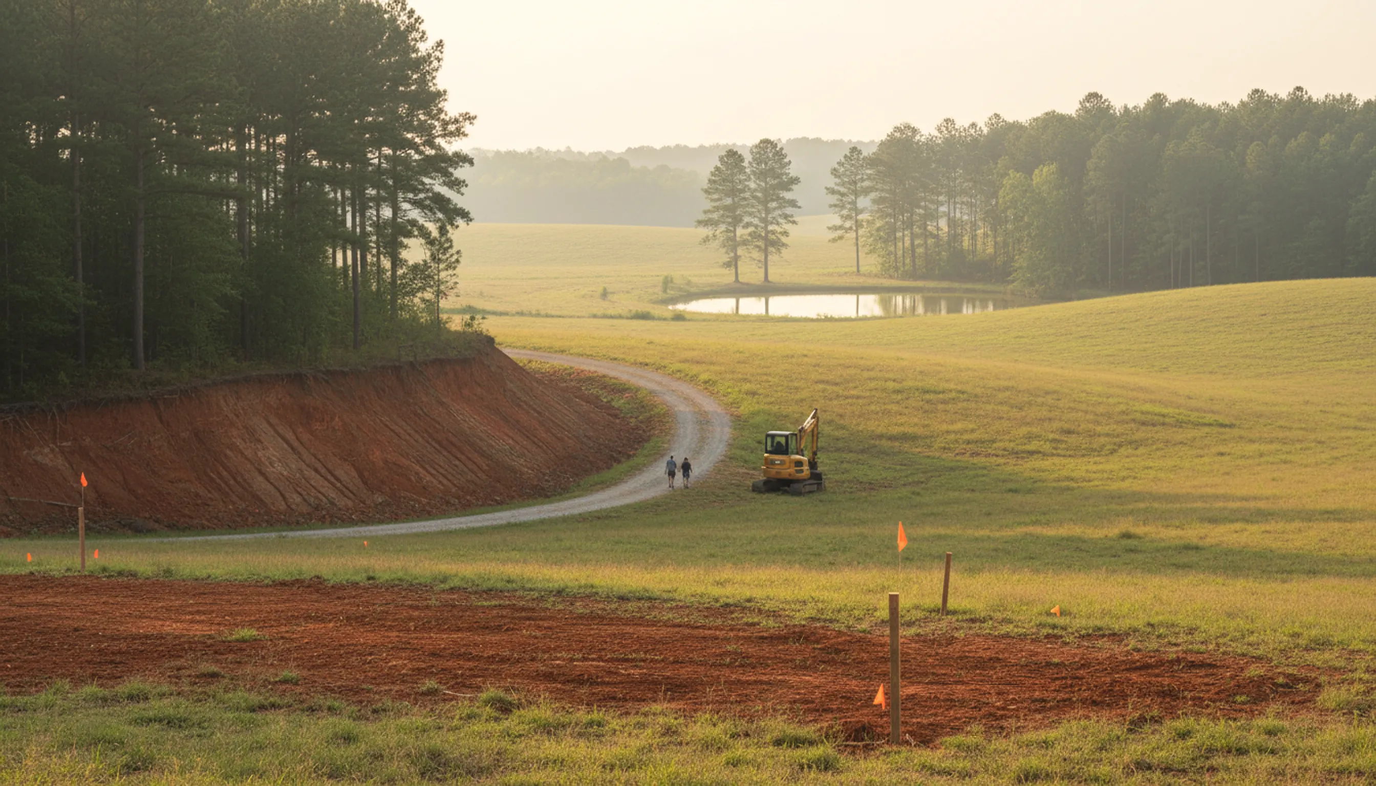 A rolling pasture with a fresh red clay cut bank, a new gravel drive curving toward a farm pond and a small excavator, survey flags in the grass.