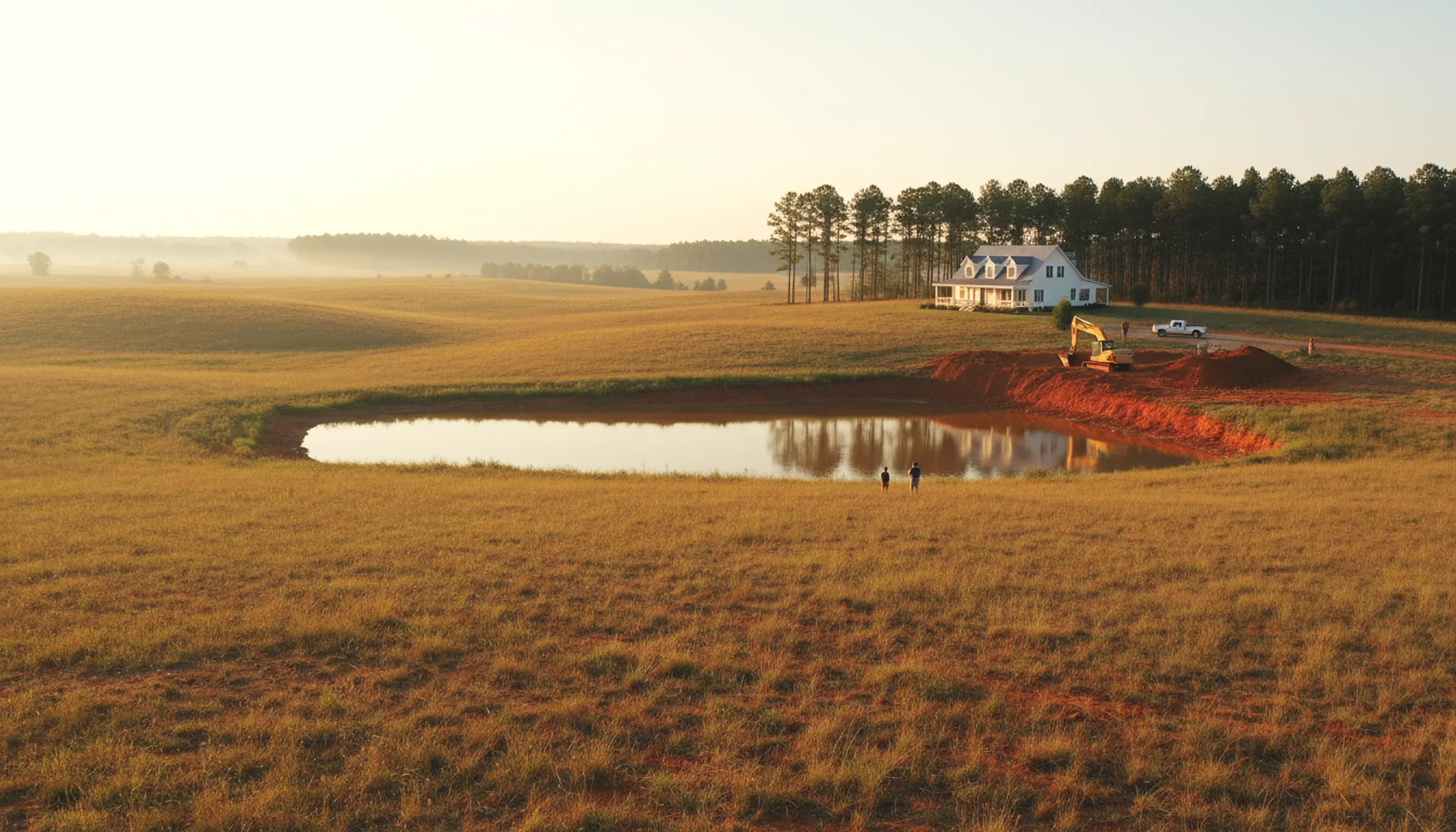 Golden pasture with a newly dug farm pond, an excavator on a red clay bank and a white farmhouse under pines beyond.