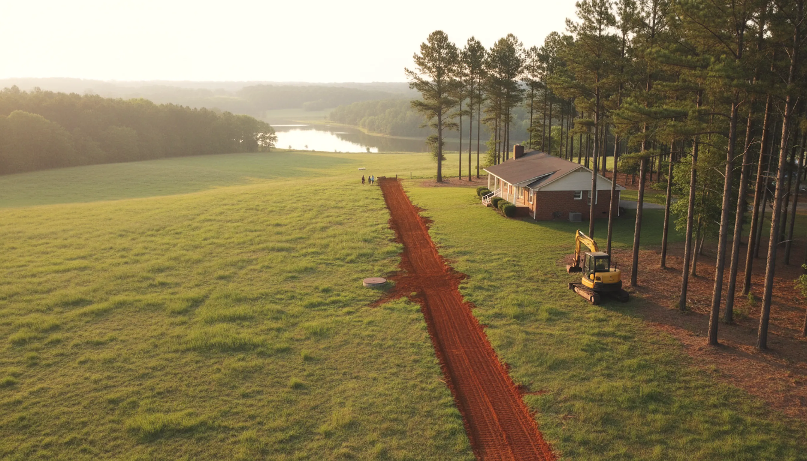 A brick ranch on rolling pasture with an open red clay trench leading to a septic tank, an excavator alongside and a reservoir beyond the pines.