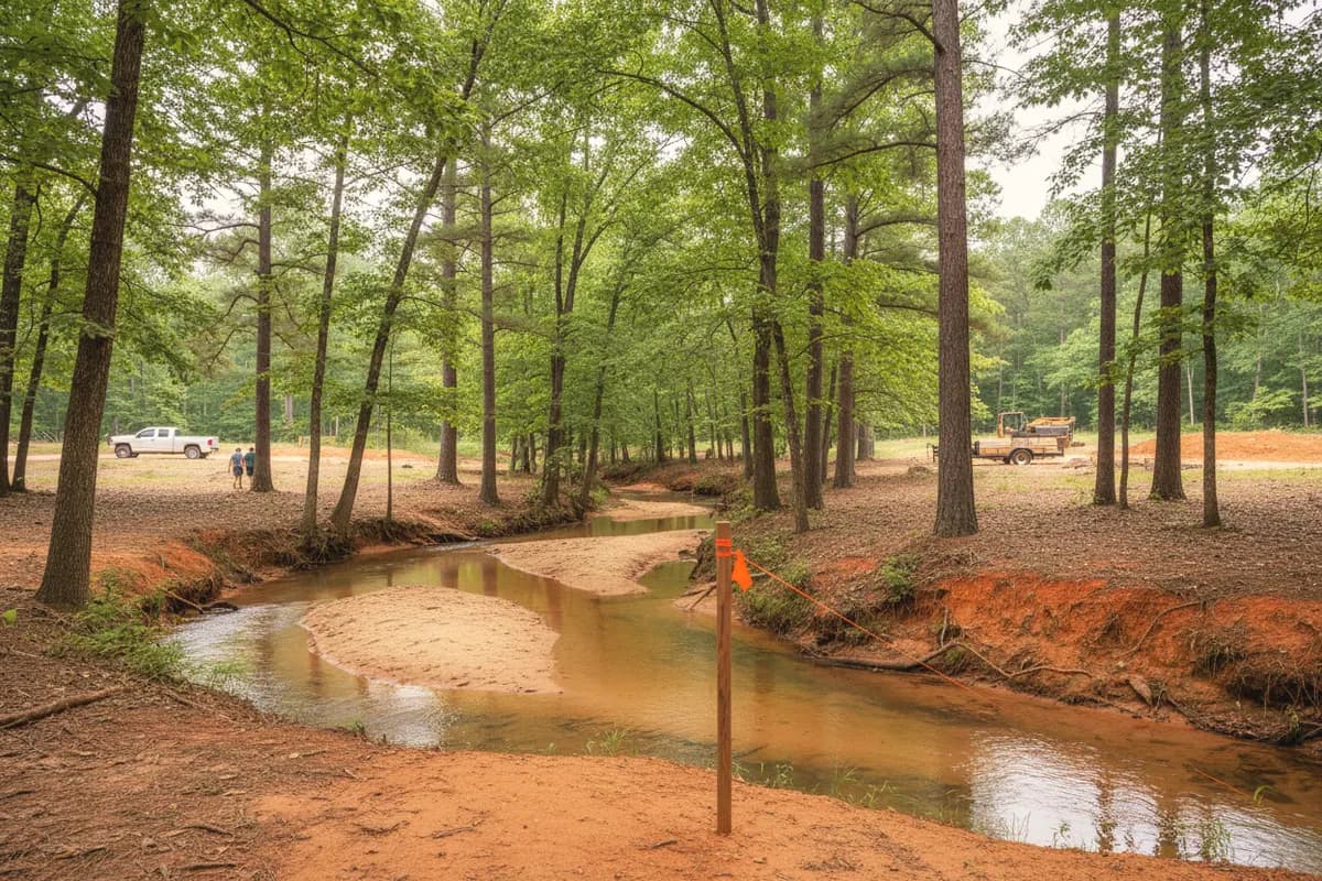 A sandy-bottomed creek with eroded red clay banks winding through pine and hardwood woods, a survey stake with orange flagging on the bank.