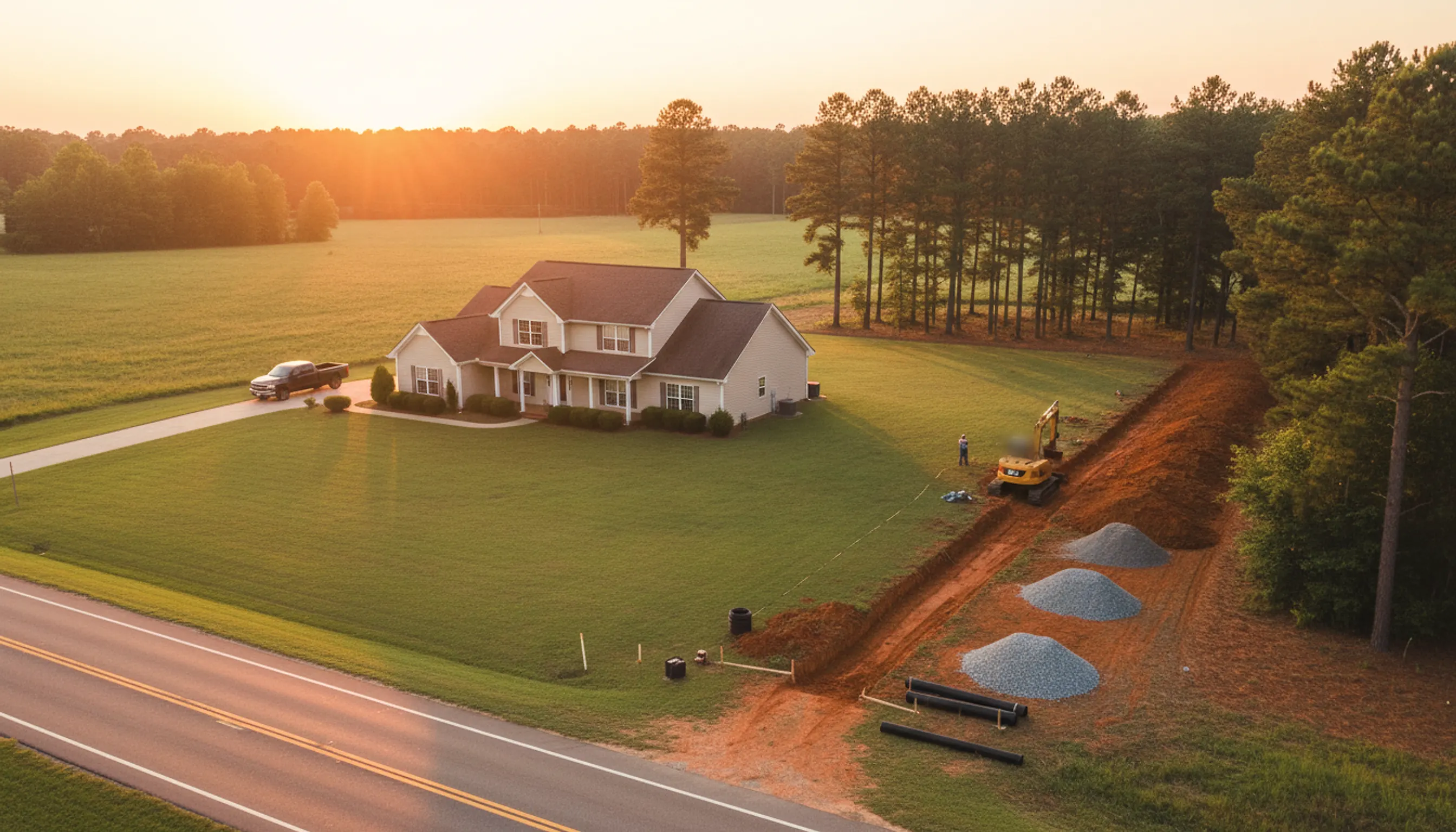 A rural two-story house at sunset with a long strip of freshly turned red clay along the field edge, gravel piles and pipe staged for a drain field.