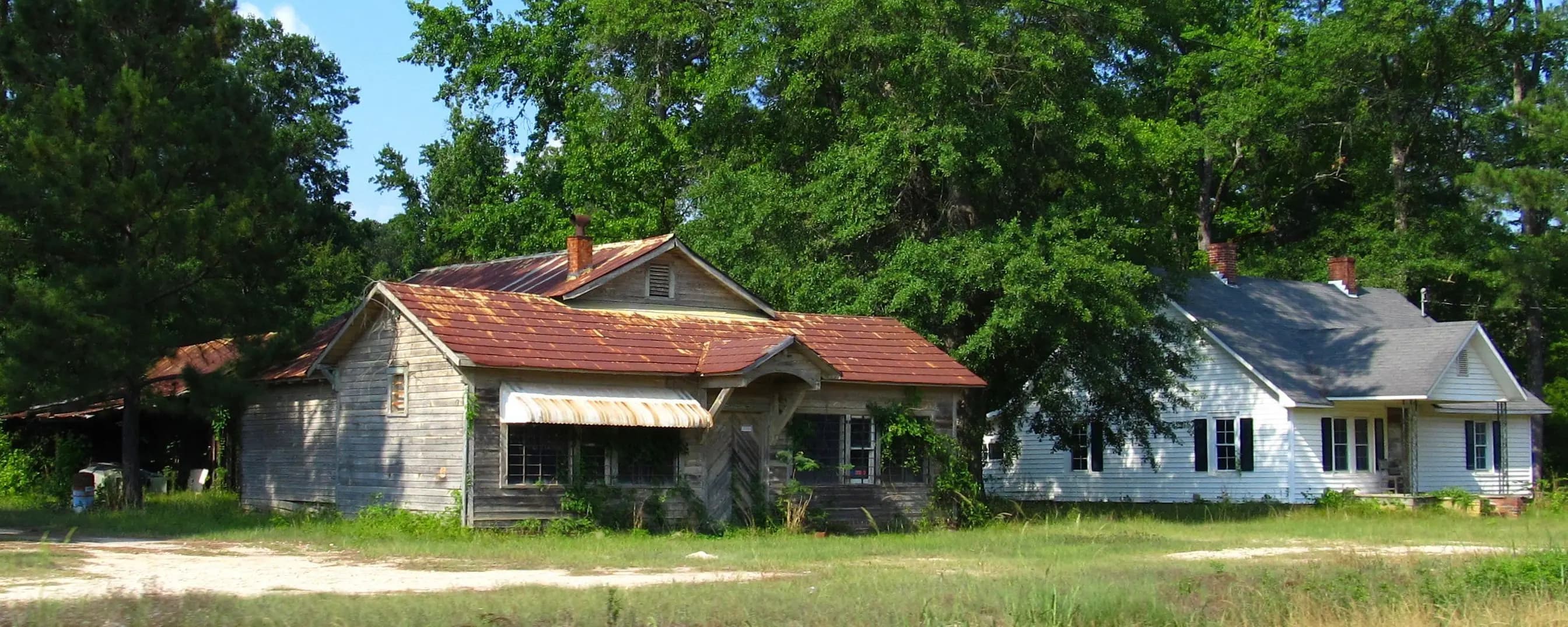 Two old frame farmhouses with tin roofs under big shade trees beside a rural Middle Georgia highway.