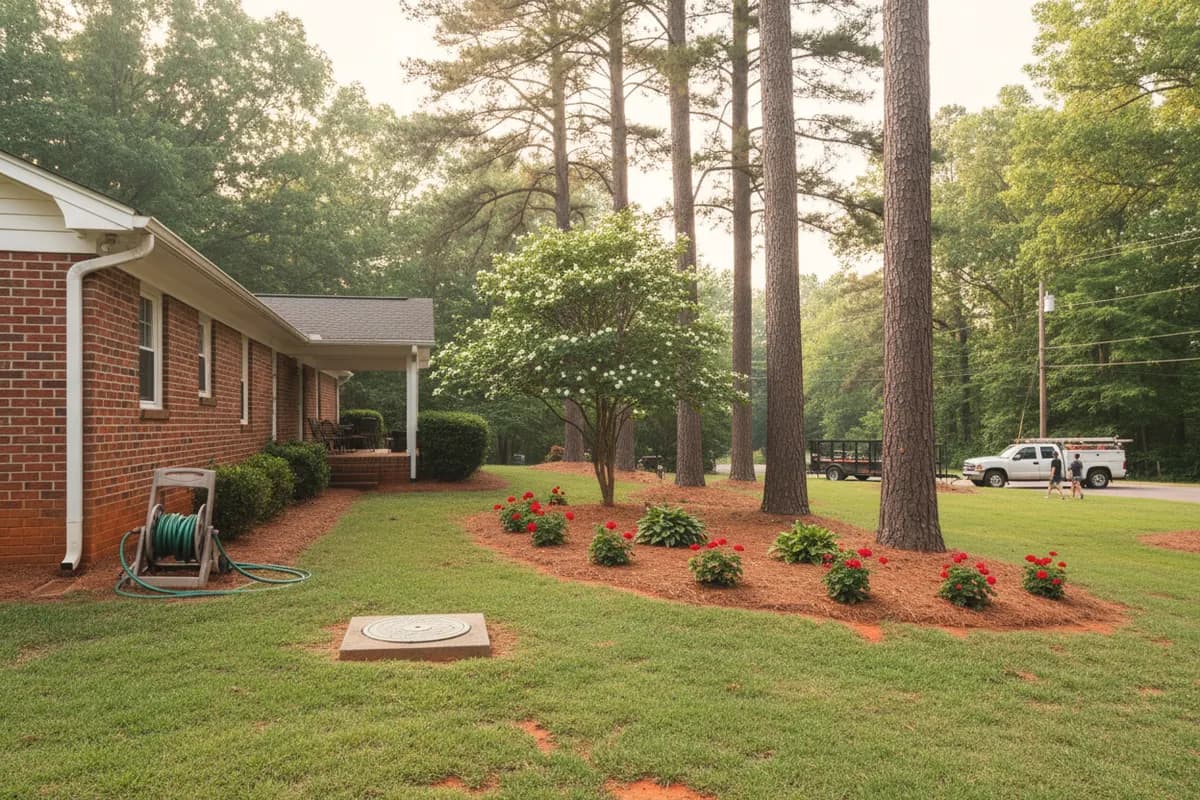 A square concrete septic access box with a round lid in the side yard of a brick ranch house, beside a garden hose reel, dogwood and loblolly pines.