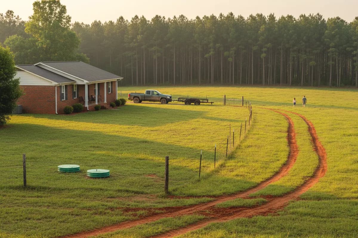 A brick ranch beside a fenced pasture with two green septic riser lids in the side yard and tire tracks cut through the grass.