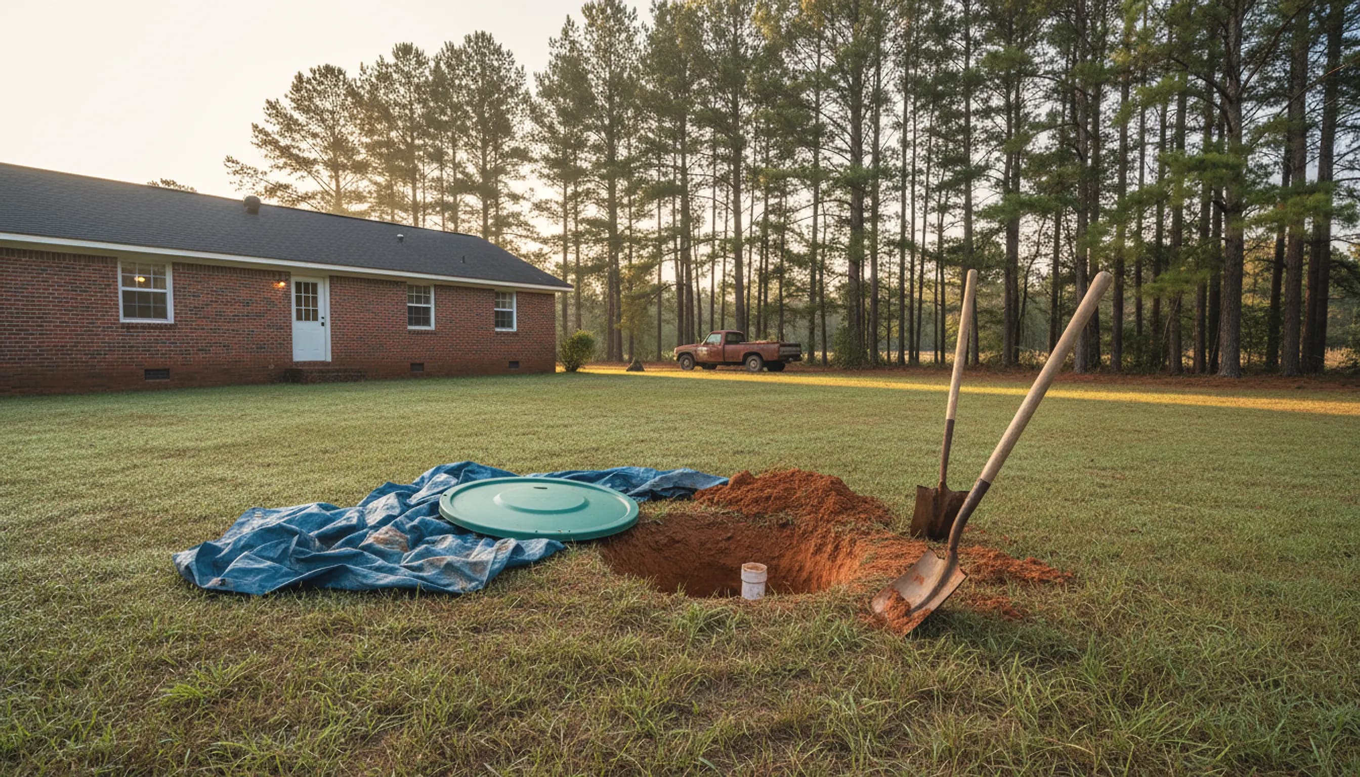 A shallow red clay dig around an opened green septic riser behind a rural brick ranch, a shovel and tarp beside it and pines behind.