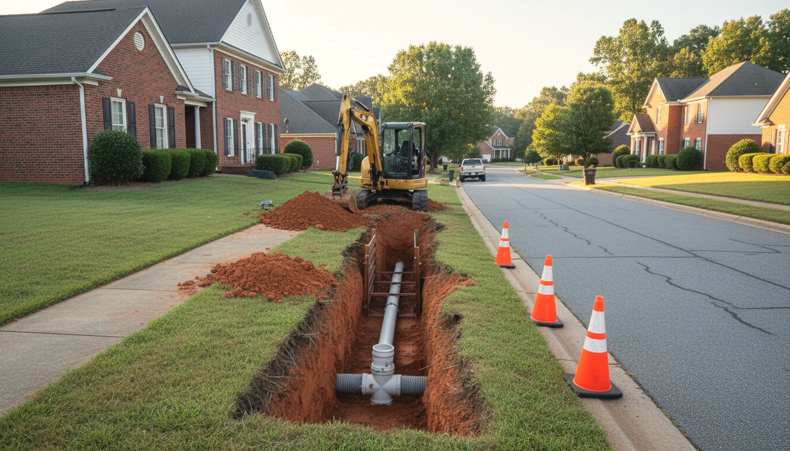 A curbside trench with a new white PVC sewer lateral tying into the main, an excavator and traffic cones along the street.