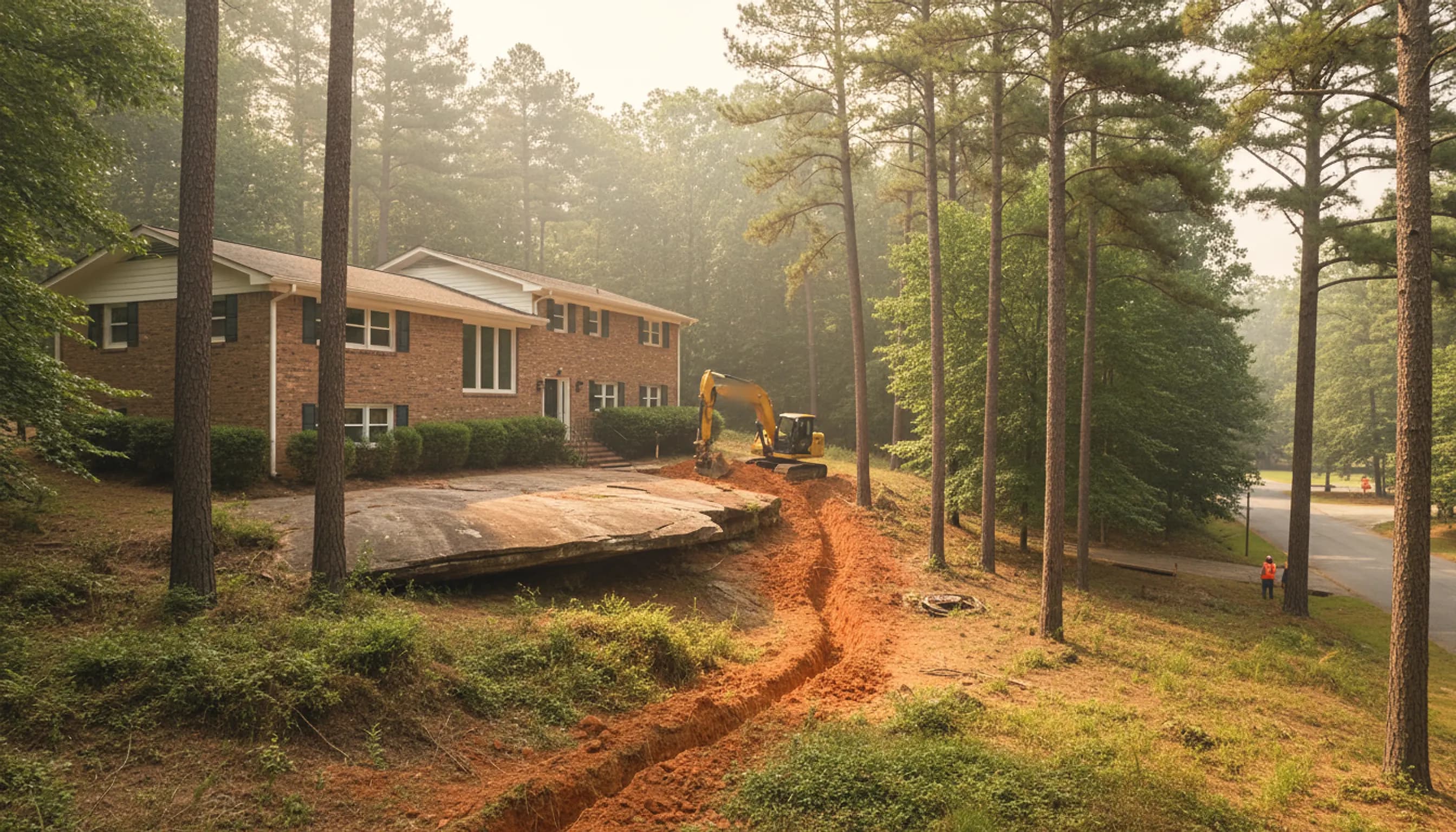 A brick split-level on a wooded slope with a granite outcrop and a red clay trench winding downhill, an excavator working at the top.
