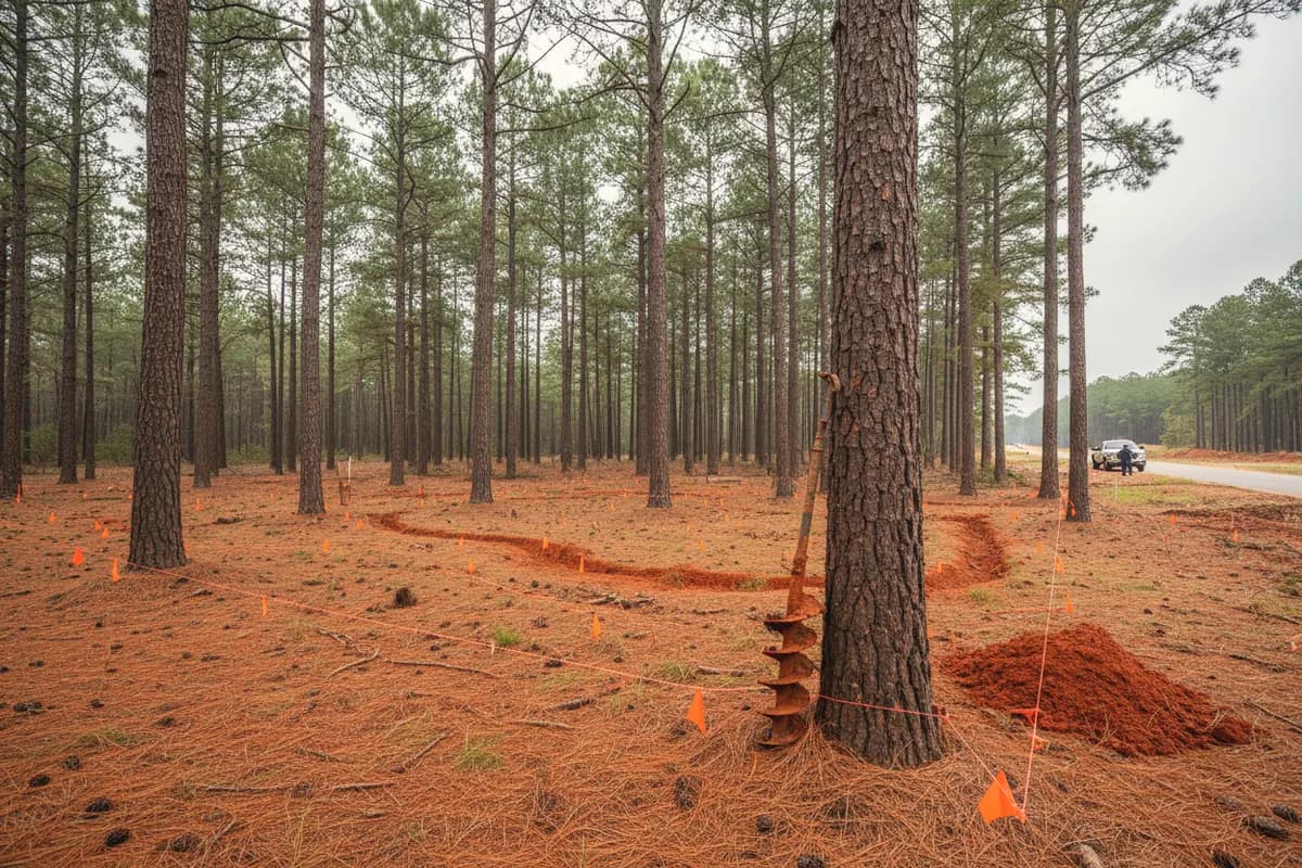 Orange survey flags and a soil auger marking out a proposed drain field on a wooded red clay lot under tall pines.