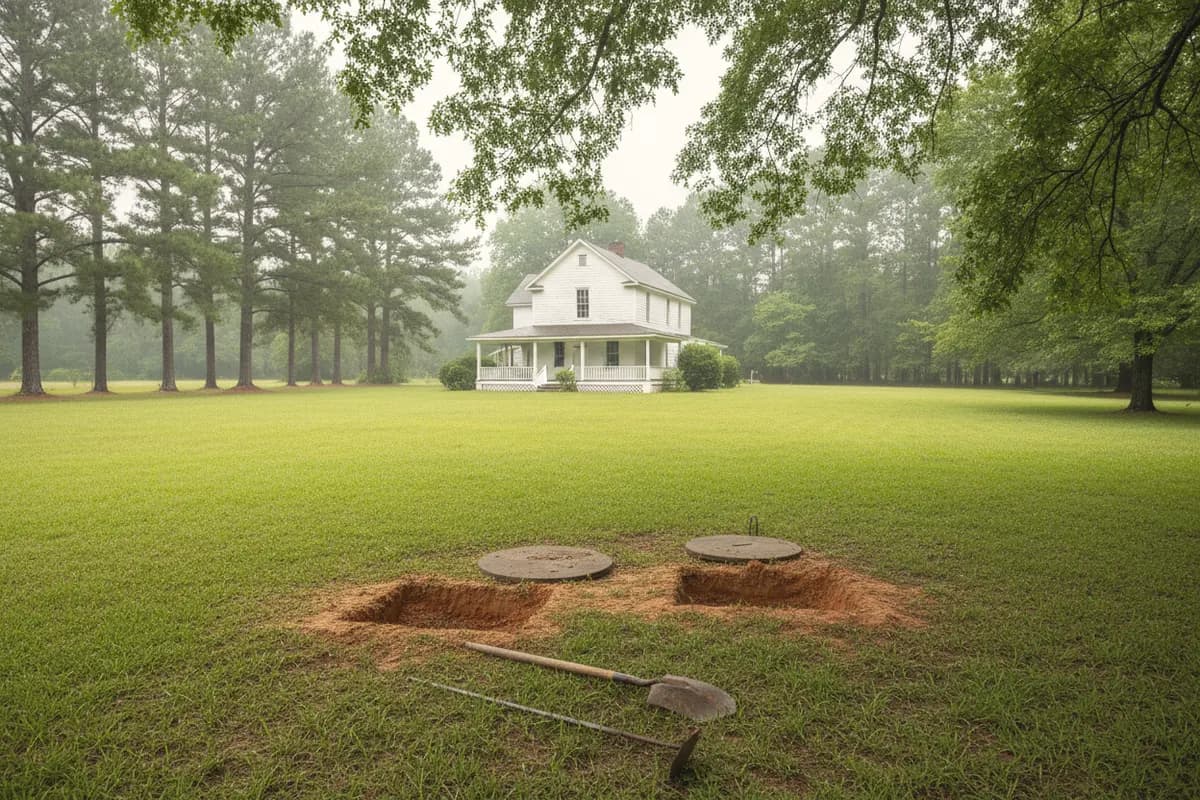 Two round concrete septic lids beside freshly dug access holes in a big back yard behind an old white frame farmhouse, a shovel and probe rod on the grass.