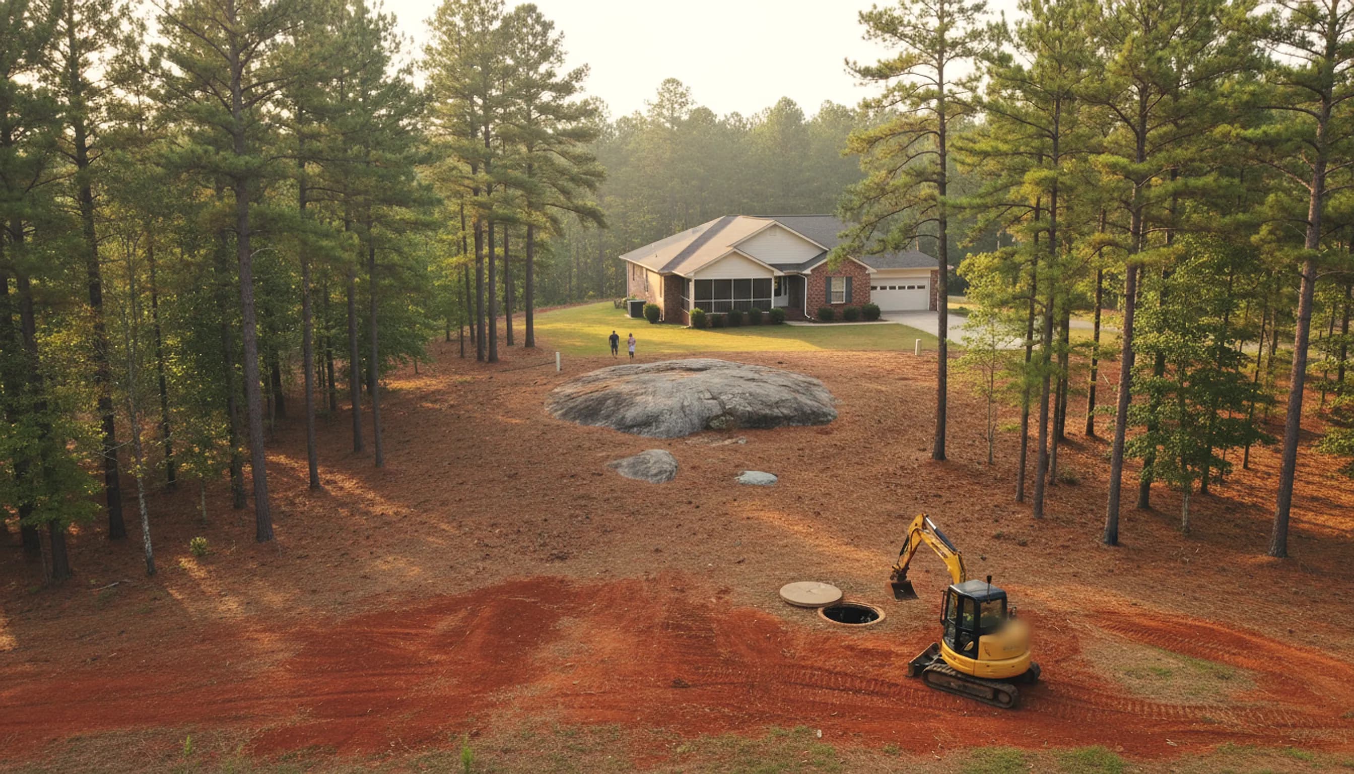 A cleared patch of red clay among loblolly pines, a granite outcrop and an open tank lid in front of a brick ranch, a compact excavator working the clay.