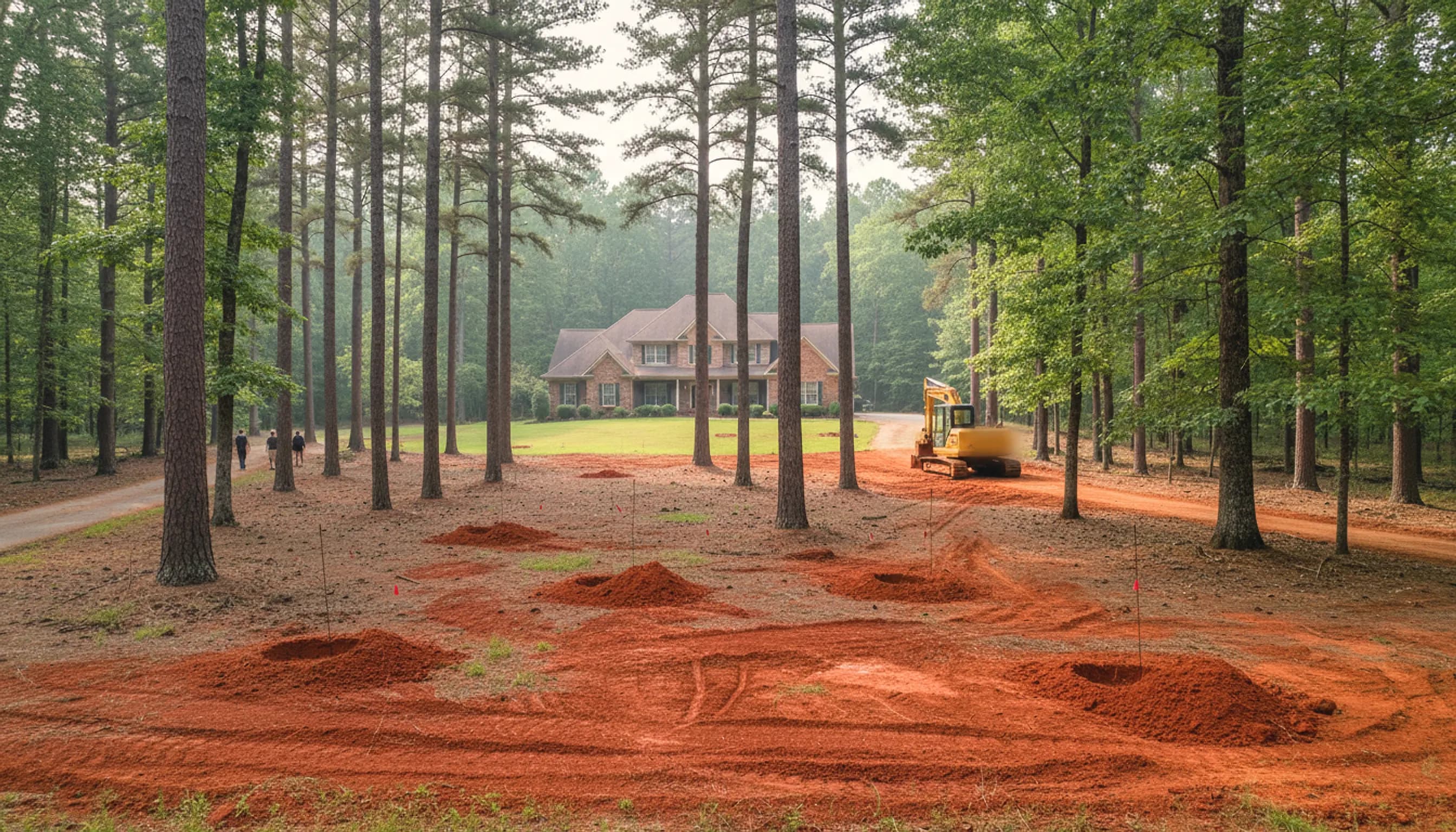 A wooded house lot of raked red clay dotted with soil test mounds among tall pines, an excavator parked near the house at the back.